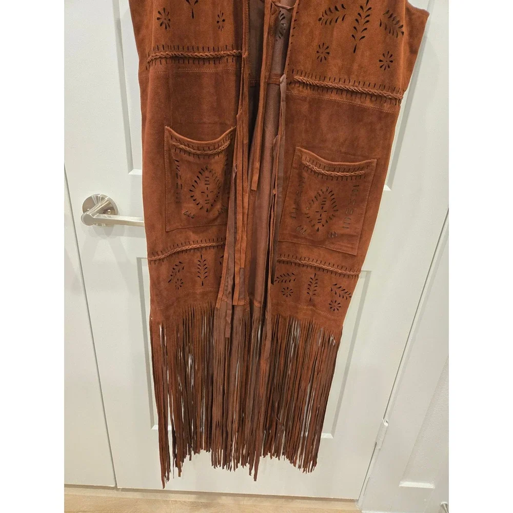 Sundance Brown Leather Suede Boho Fringe Duster Vest Laser Cut Floral Large - Picture 4 of 12